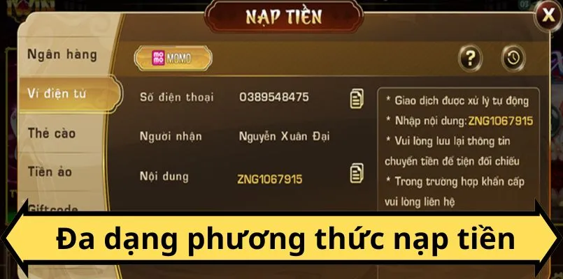 Sân chơi hỗ trợ đa dạng các hình thức thanh toán tại cổng game